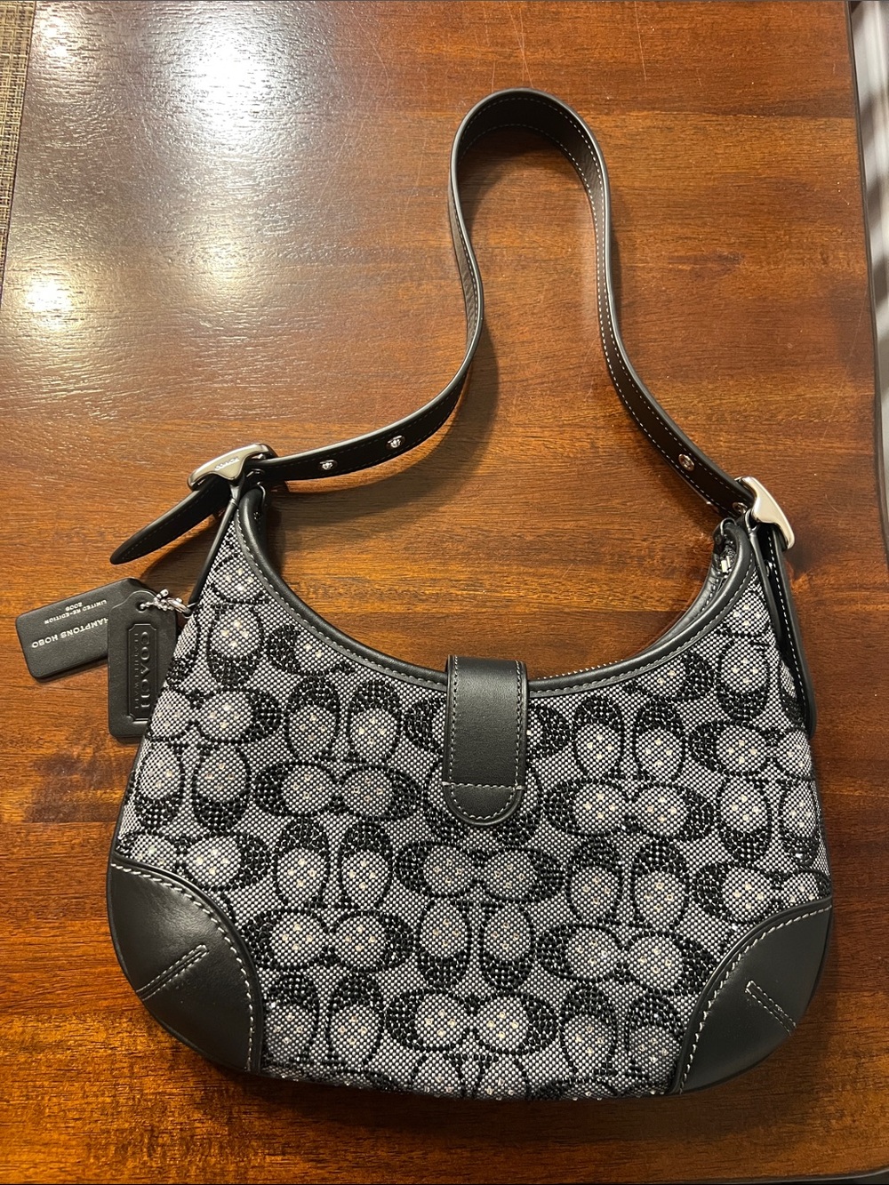 Coach Black Hamptons Hobo Signature Jacquard Crescent Shoulder Bag - Picture 2 of 3
